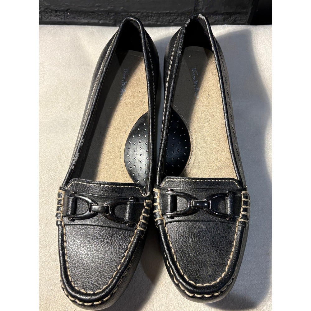 Thom McAn Loafer Heels Womens 8.5 Black Leather Bit Moc Toe Block Heel Shoes
